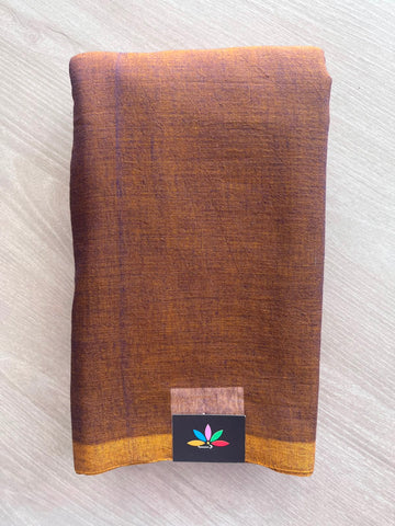 Double Tone (Chestnut Shade & Golden Yellow) Plain Feather Light Mul Cotton Saree (Without blouse) - 33039