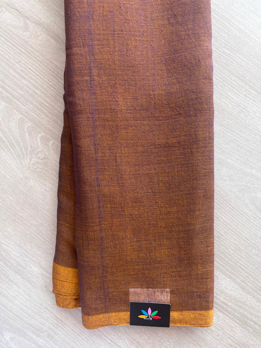 Double Tone (Chestnut Shade & Golden Yellow) Plain Feather Light Mul Cotton Saree (Without blouse) - 33039