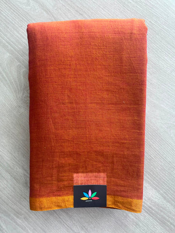 Double Tone (Persimmon & Mustard Yellow) Plain Feather Light Mul Cotton Saree (Without blouse) - 33040