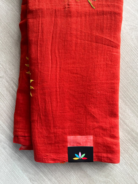 Bright Red Floral Embroidered Feather Light Mul Cotton Saree (Without Blouse) - 36509