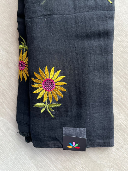 Black Floral Embroidered Feather Light Mul Cotton Saree (Without Blouse) - 36510