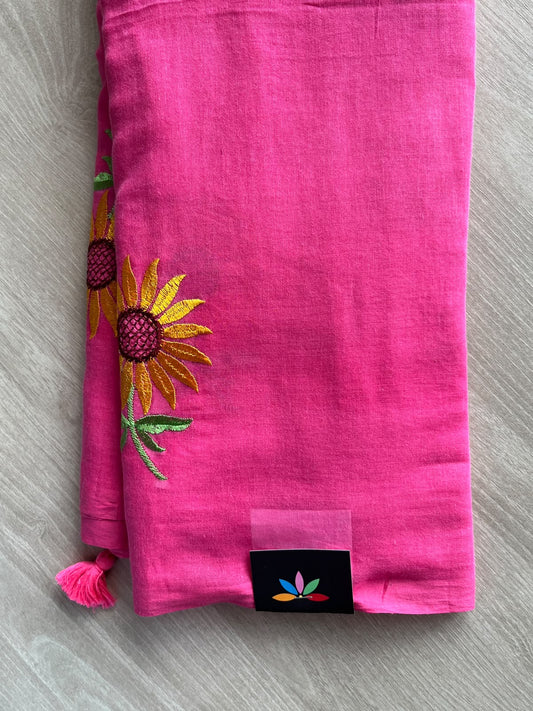 Deep Pink Floral Embroidered Feather Light Mul Cotton Saree (Without Blouse) - 36513