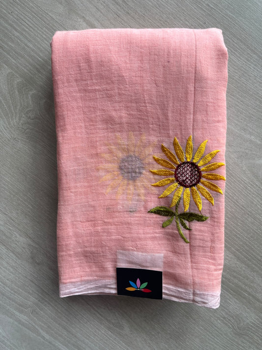Melon Peach Floral Embroidered Feather Light Mul Cotton Saree (Without Blouse) - 36516