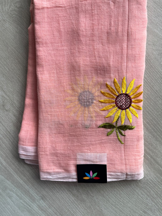 Melon Peach Floral Embroidered Feather Light Mul Cotton Saree (Without Blouse) - 36516