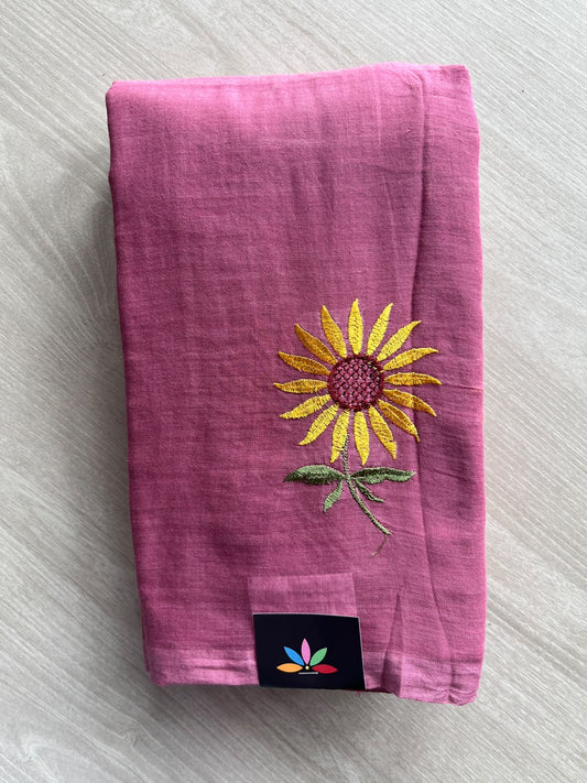 Mulberry Rose Floral Embroidered Feather Light Mul Cotton Saree (Without Blouse) - 36519
