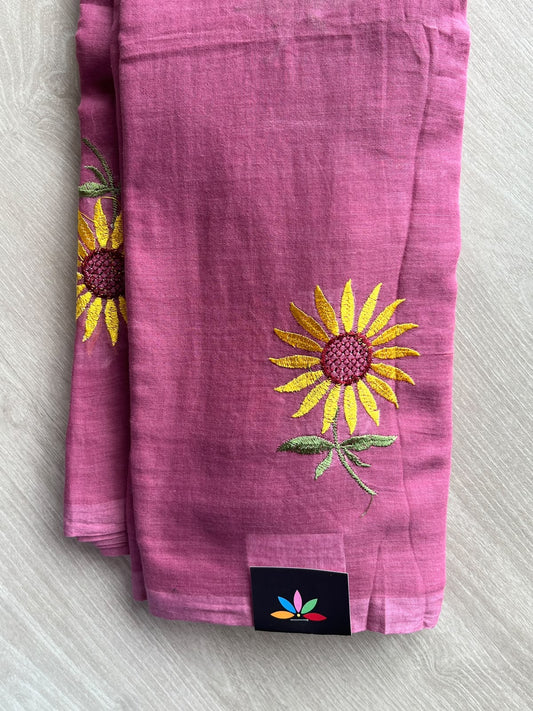 Mulberry Rose Floral Embroidered Feather Light Mul Cotton Saree (Without Blouse) - 36519