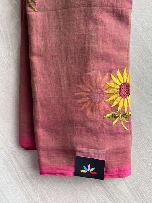 Copper Rust Shade Floral Embroidered Feather Light Mul Cotton Saree (Without Blouse) - 36521