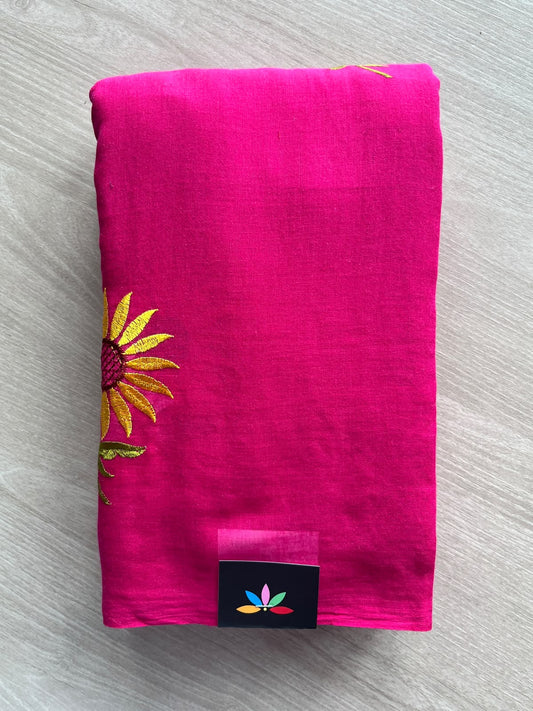 Deep Pink Floral Embroidered Feather Light Mul Cotton Saree (Without Blouse) - 36522