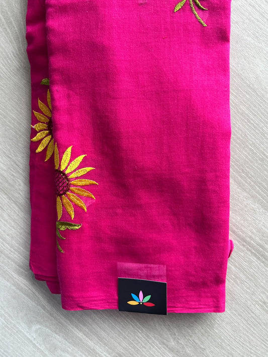 Deep Pink Floral Embroidered Feather Light Mul Cotton Saree (Without Blouse) - 36522