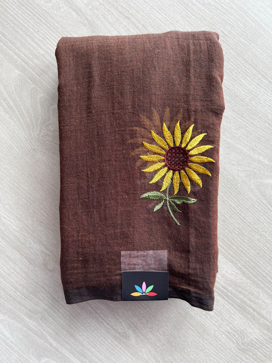 Coffee Brown Floral Embroidered Feather Light Mul Cotton Saree (Without Blouse) - 36523