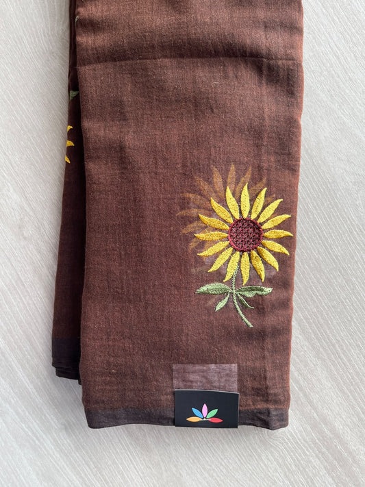Coffee Brown Floral Embroidered Feather Light Mul Cotton Saree (Without Blouse) - 36523