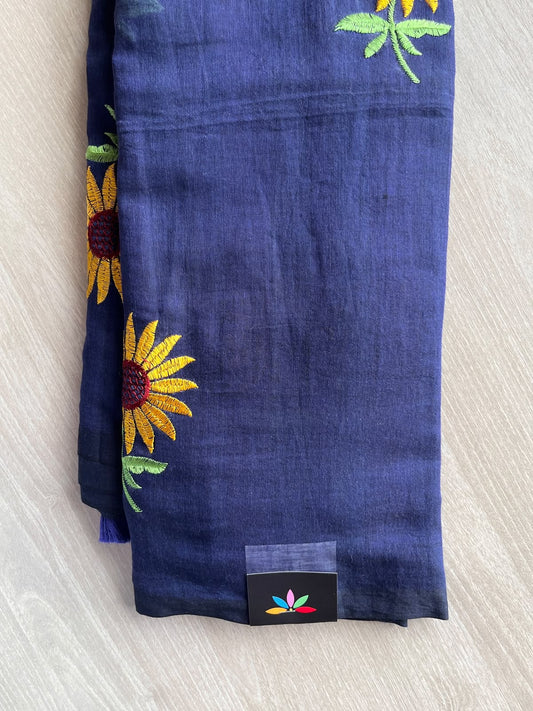 Midnight Blue Floral Embroidered Feather Light Mul Cotton Saree (Without Blouse) - 36524