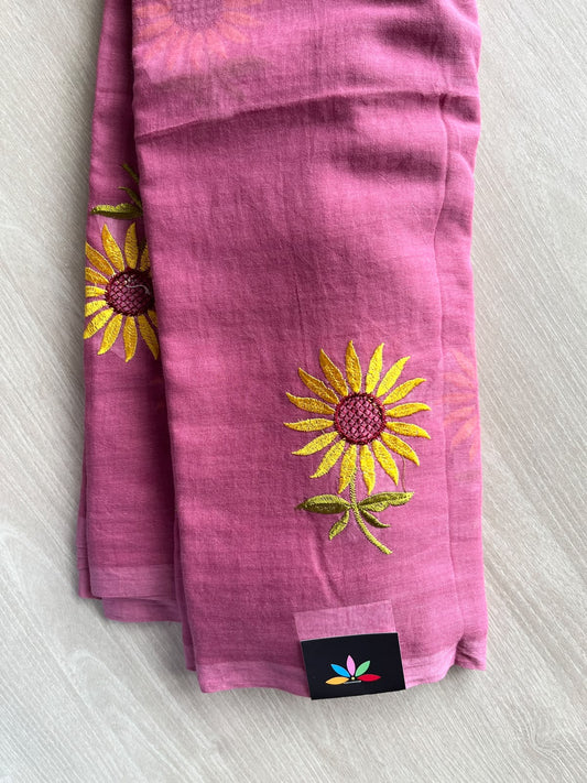 Tapestry Pink Floral Embroidered Feather Light Mul Cotton Saree (Without Blouse) - 36525
