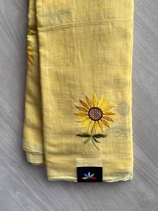Light Canary Yellow Floral Embroidered Feather Light Mul Cotton Saree (Without Blouse) - 36526