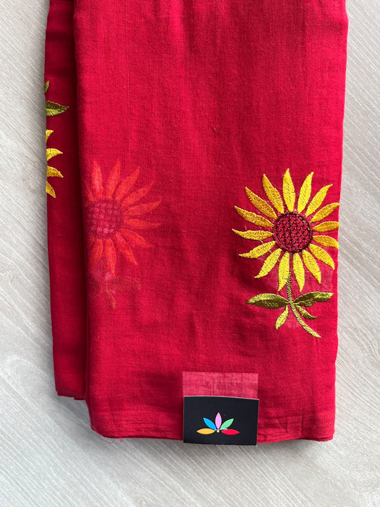 Venetian Red Floral Embroidered Feather Light Mul Cotton Saree (Without Blouse) - 36527