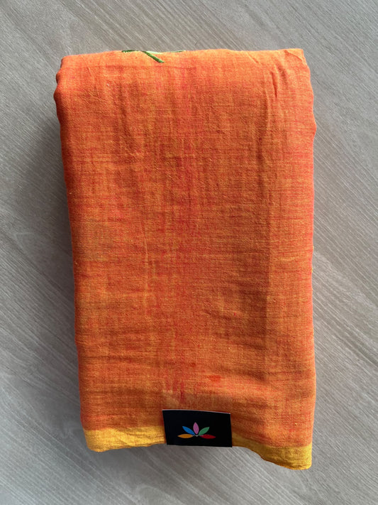 Coral Orange Floral Embroidered Feather Light Mul Cotton Saree (Without Blouse) - 36528