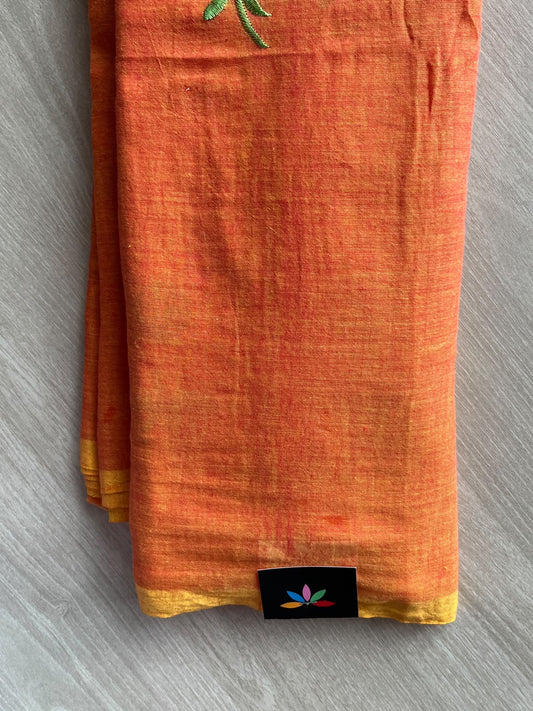 Coral Orange Floral Embroidered Feather Light Mul Cotton Saree (Without Blouse) - 36528