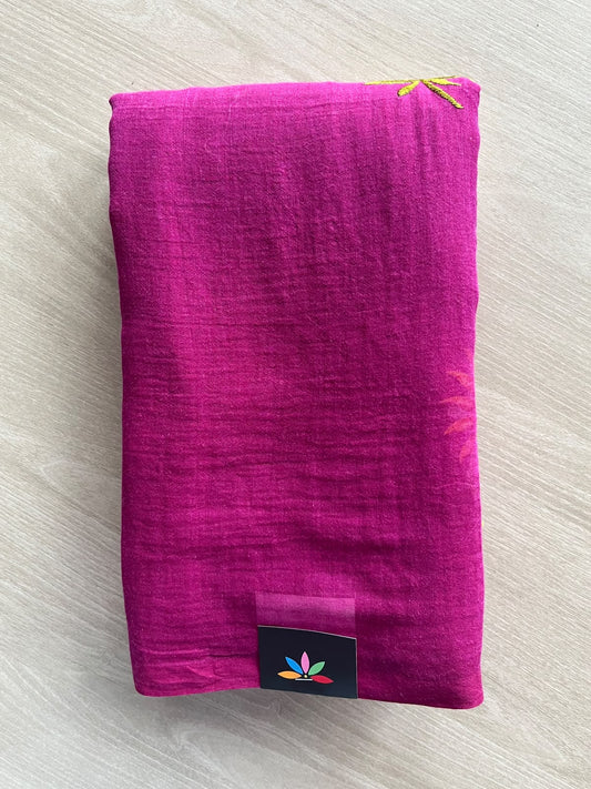 Magenta Pink Floral Embroidered Feather Light Mul Cotton Saree (Without Blouse) - 36529