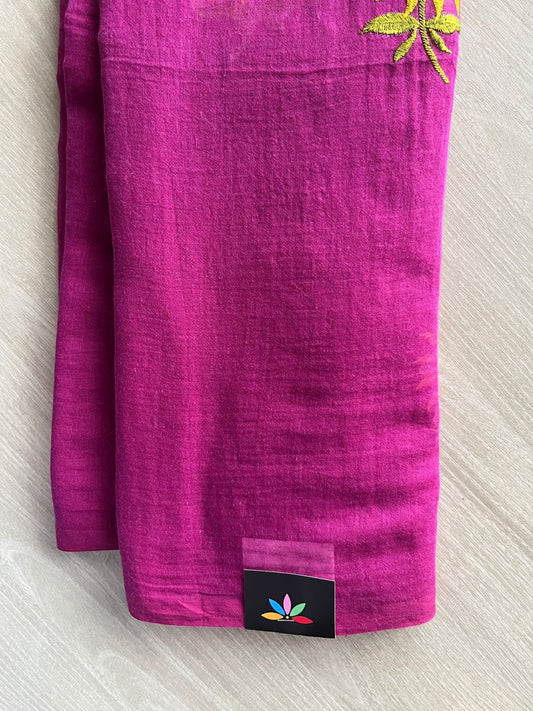 Magenta Pink Floral Embroidered Feather Light Mul Cotton Saree (Without Blouse) - 36529