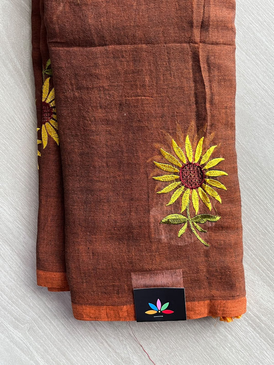 Chocolate Brown Floral Embroidered Feather Light Mul Cotton Saree (Without Blouse) - 36530
