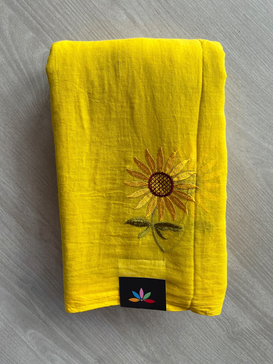 Fire Yellow Floral Embroidered Feather Light Mul Cotton Saree (Without Blouse) - 36531