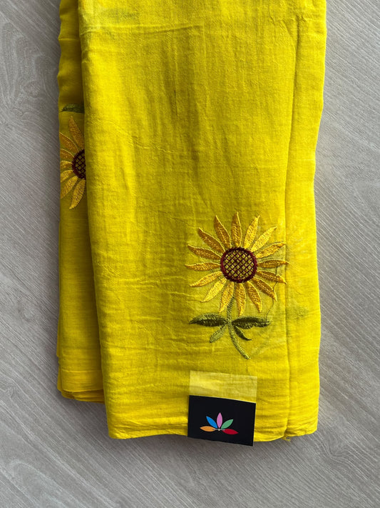 Fire Yellow Floral Embroidered Feather Light Mul Cotton Saree (Without Blouse) - 36531