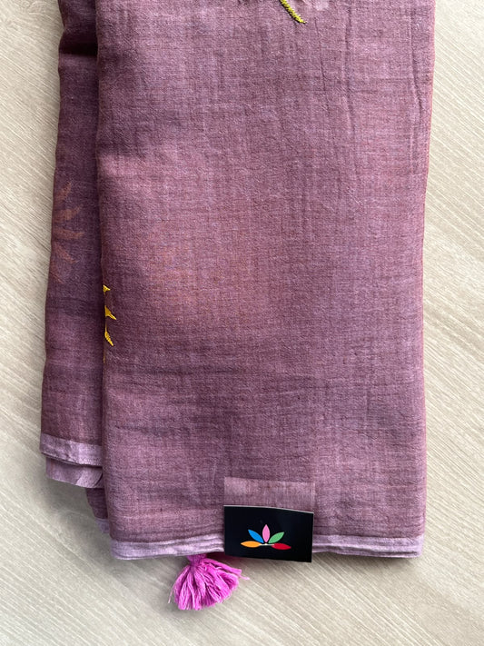Muted Rose Floral Embroidered Feather Light Mul Cotton Saree (Without Blouse) - 36532