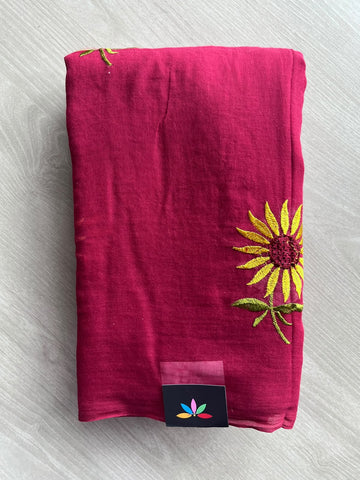 Floral Embroidered Feather Light Mul Cotton Saree (Without Blouse) - 36533