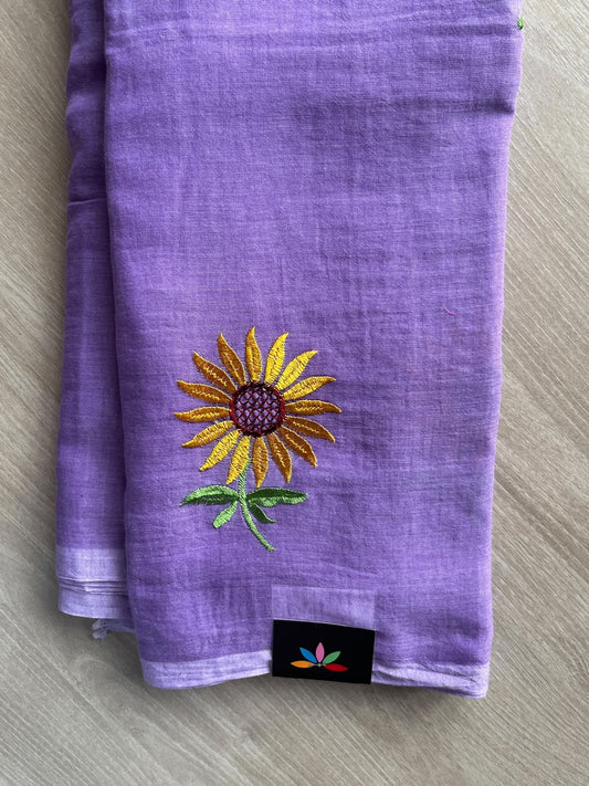 Medium Purple Floral Embroidered Feather Light Mul Cotton Saree (Without Blouse) - 36534