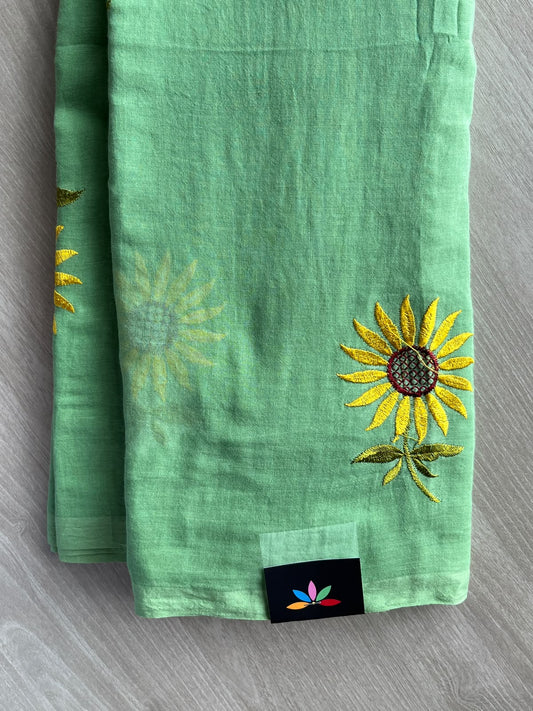 Light Sea Green Floral Embroidered Feather Light Mul Cotton Saree (Without Blouse) - 36535