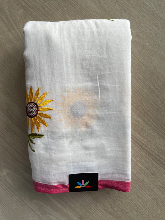 Off-White Floral Embroidered Feather Light Mul Cotton Saree (Without Blouse) - 36536