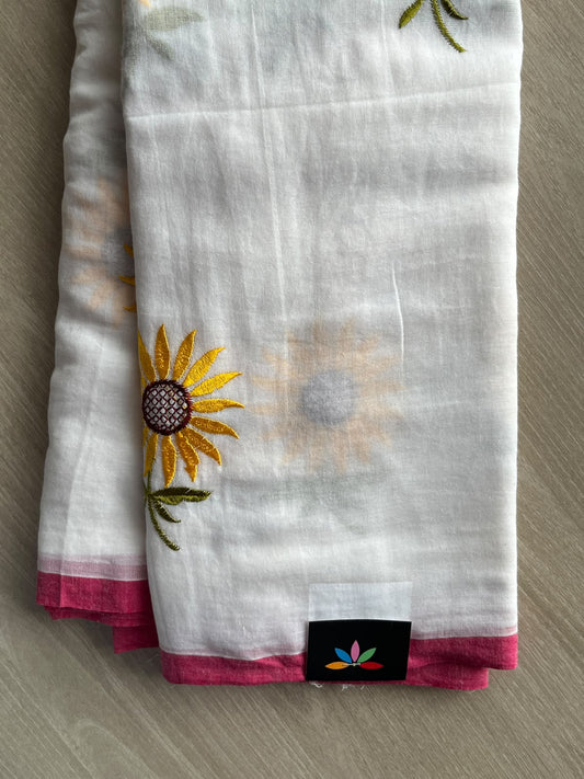 Off-White Floral Embroidered Feather Light Mul Cotton Saree (Without Blouse) - 36536