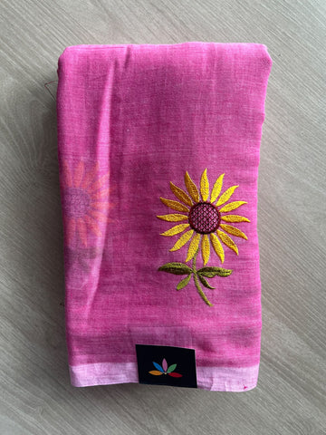 Floral Embroidered Feather Light Mul Cotton Saree (Without Blouse) - 36537