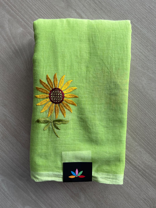 Light Pistachio Green Floral Embroidered Feather Light Mul Cotton Saree (Without Blouse) - 36538