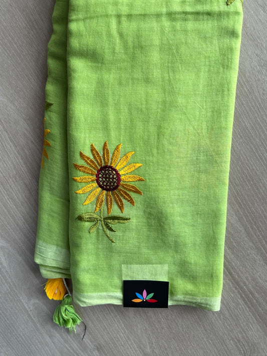 Light Pistachio Green Floral Embroidered Feather Light Mul Cotton Saree (Without Blouse) - 36538