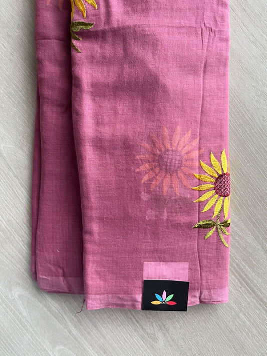 Wild Orchid Shade Floral Embroidered Feather Light Mul Cotton Saree (Without Blouse) - 36539