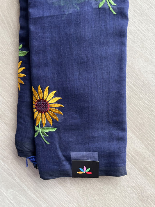 Midnight Blue Floral Embroidered Feather Light Mul Cotton Saree (Without Blouse) - 36540