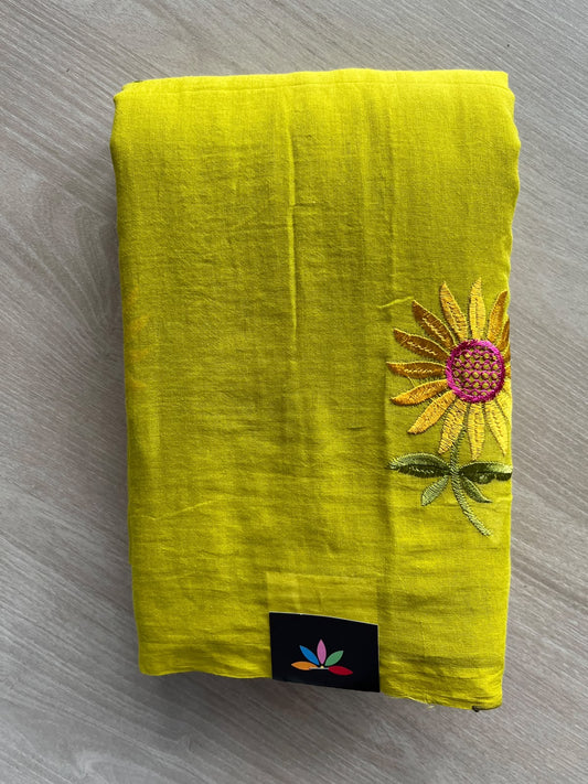 Maximum Green Yellow Floral Embroidered Feather Light Mul Cotton Saree (Without Blouse) - 36543