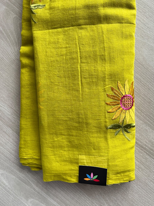 Maximum Green Yellow Floral Embroidered Feather Light Mul Cotton Saree (Without Blouse) - 36543