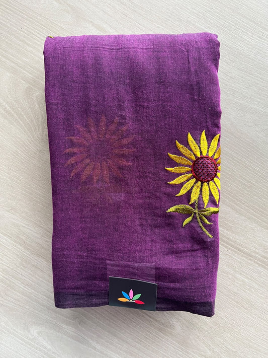 Eggplant Purple Floral Embroidered Feather Light Mul Cotton Saree (Without Blouse) - 36544