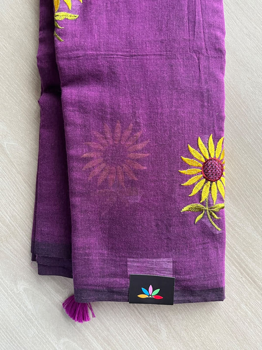 Eggplant Purple Floral Embroidered Feather Light Mul Cotton Saree (Without Blouse) - 36544