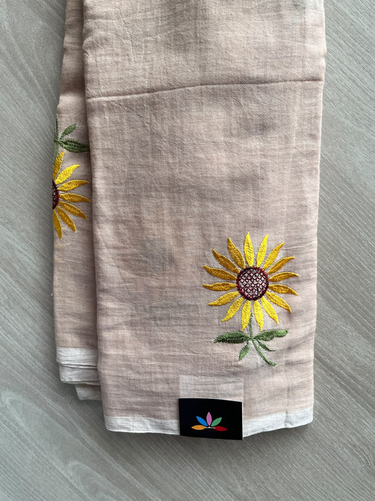 Almond Beige Floral Embroidered Feather Light Mul Cotton Saree (Without Blouse) - 36545