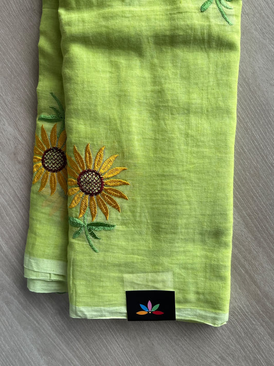 Light Lime Green Floral Embroidered Feather Light Mul Cotton Saree (Without Blouse) - 36546