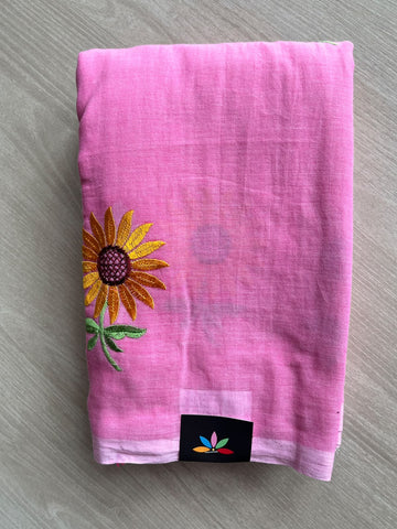 Floral Embroidered Feather Light Mul Cotton Saree (Without Blouse) - 36547