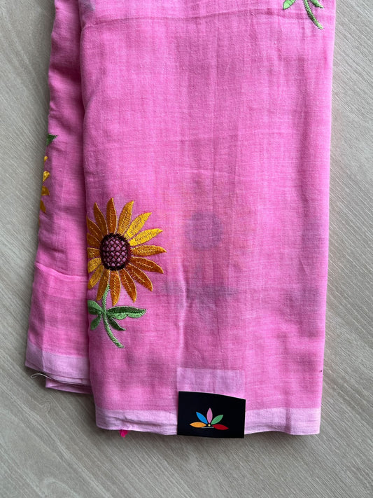 Rose Pink Floral Embroidered Feather Light Mul Cotton Saree (Without Blouse) - 36547