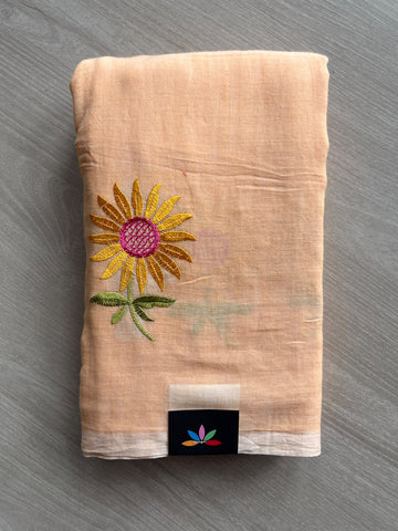 Floral Embroidered Feather Light Mul Cotton Saree (Without Blouse) - 36548