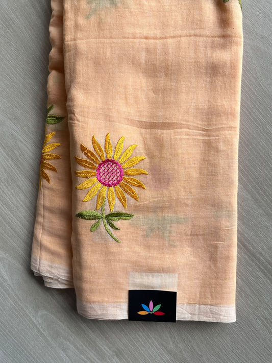 Peach Floral Embroidered Feather Light Mul Cotton Saree (Without Blouse) - 36548