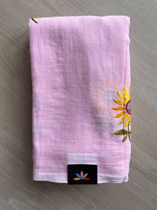 Lace Pink Floral Embroidered Feather Light Mul Cotton Saree (Without Blouse) - 36550