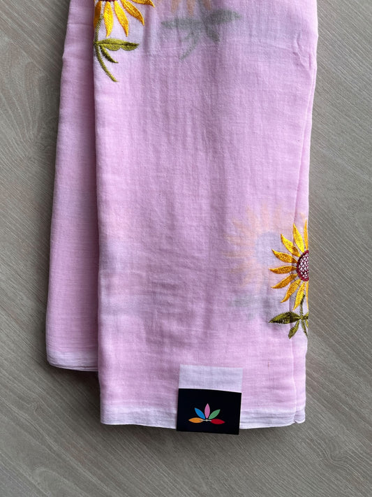Lace Pink Floral Embroidered Feather Light Mul Cotton Saree (Without Blouse) - 36550