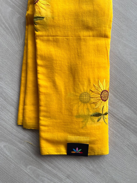 Amber Yellow Floral Embroidered Feather Light Mul Cotton Saree (Without Blouse) - 36552